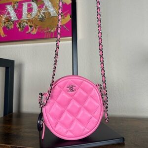 Authentic CHANEL Hot Pink Quilted Round Crossbody Bag
